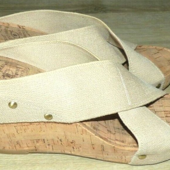 Lucky Brand Miller Tan Nailhead Cork Wedge Sandals - Picture 2 of 9